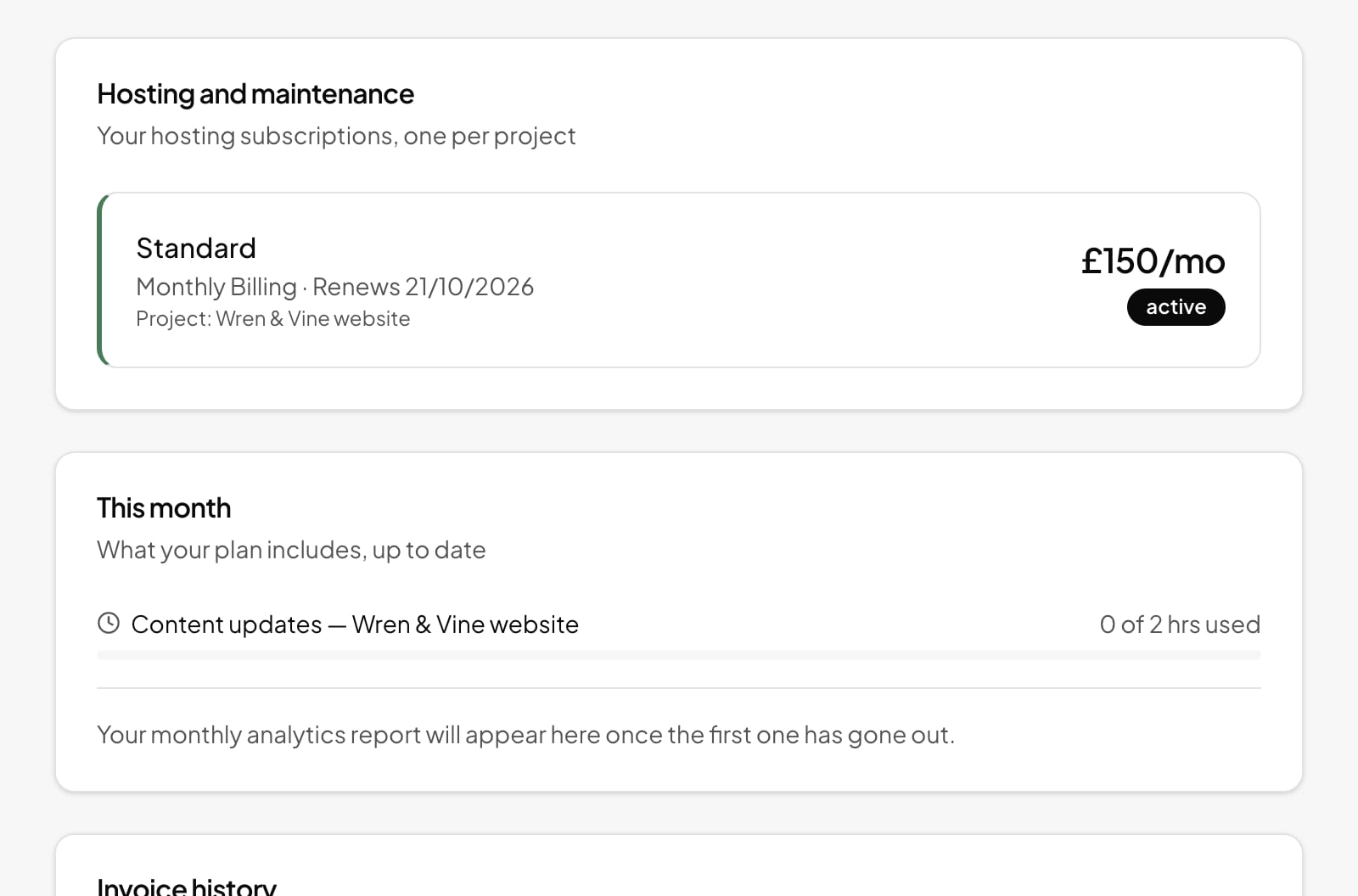 The billing page: the Standard hosting plan at £150 a month, content update hours used this month, and an invoice history with a paid deposit and the balance due on launch.