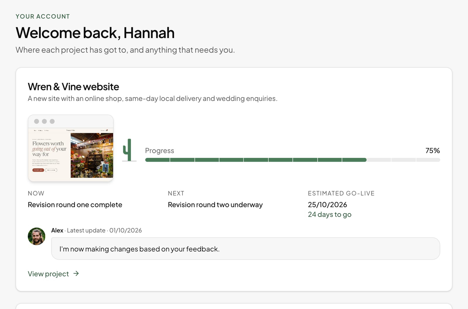 The portal dashboard for a florist's website: a preview of the site, a progress bar at 75%, the current and next stage, the go-live date, and my latest update.